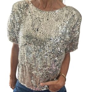 Vintage J.L.B. 100% Silk Sequin Beaded Top Blouse Silver Party Evening S